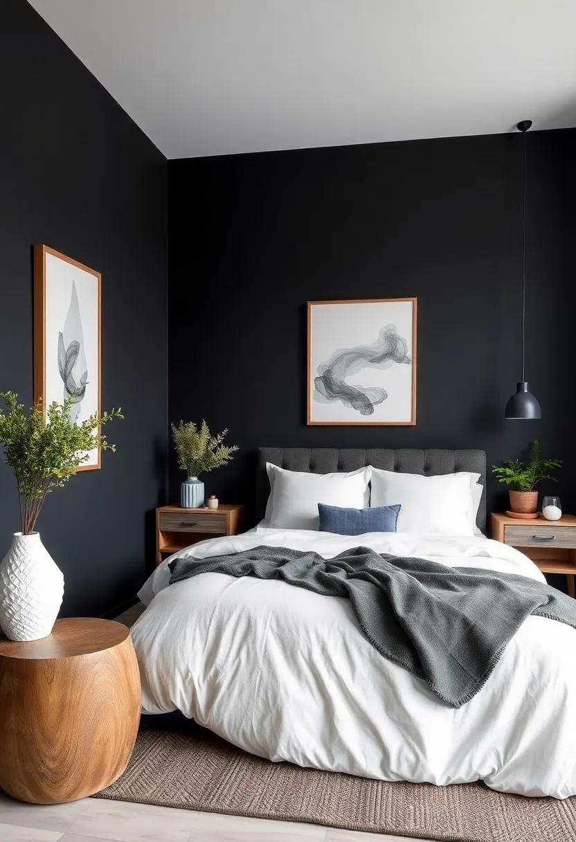 Deep Charcoal: Dive into​ the sophistication of⁤ deep ⁢charcoal walls paired with ⁤crisp white bedding, creating a dramatic ⁣yet serene atmosphere