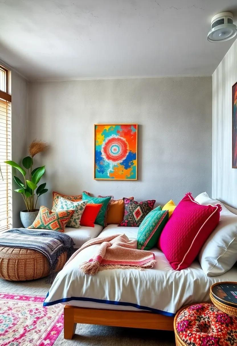 Colorful Throw pillows: stack vibrant and varied throw pillows on beds or seating areas to invite comfort and a touch of whimsy