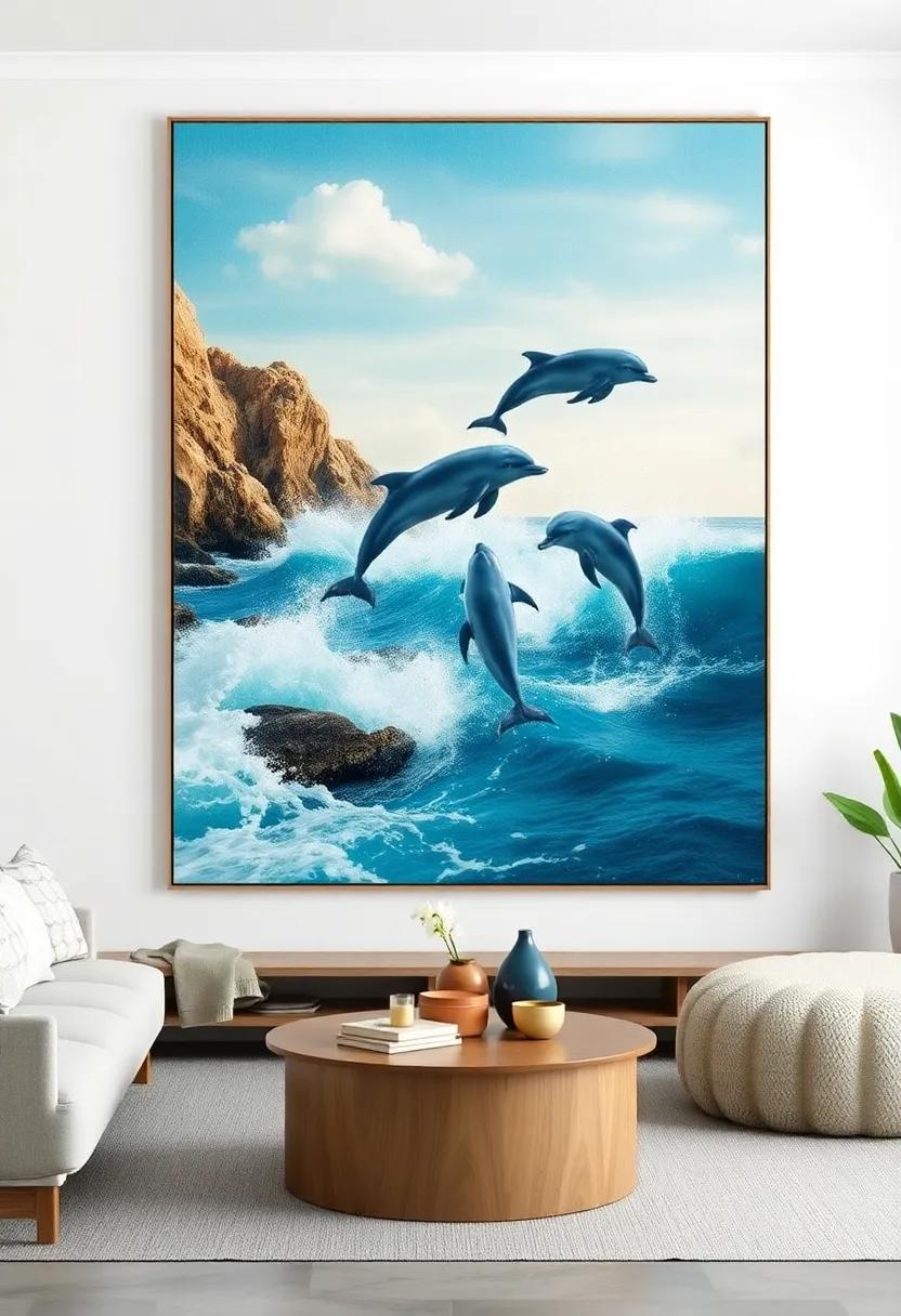 Dolphin Dance: An uplifting depiction of playful dolphins leaping through the waves, ‌bringing joy and liveliness to your ⁣decor