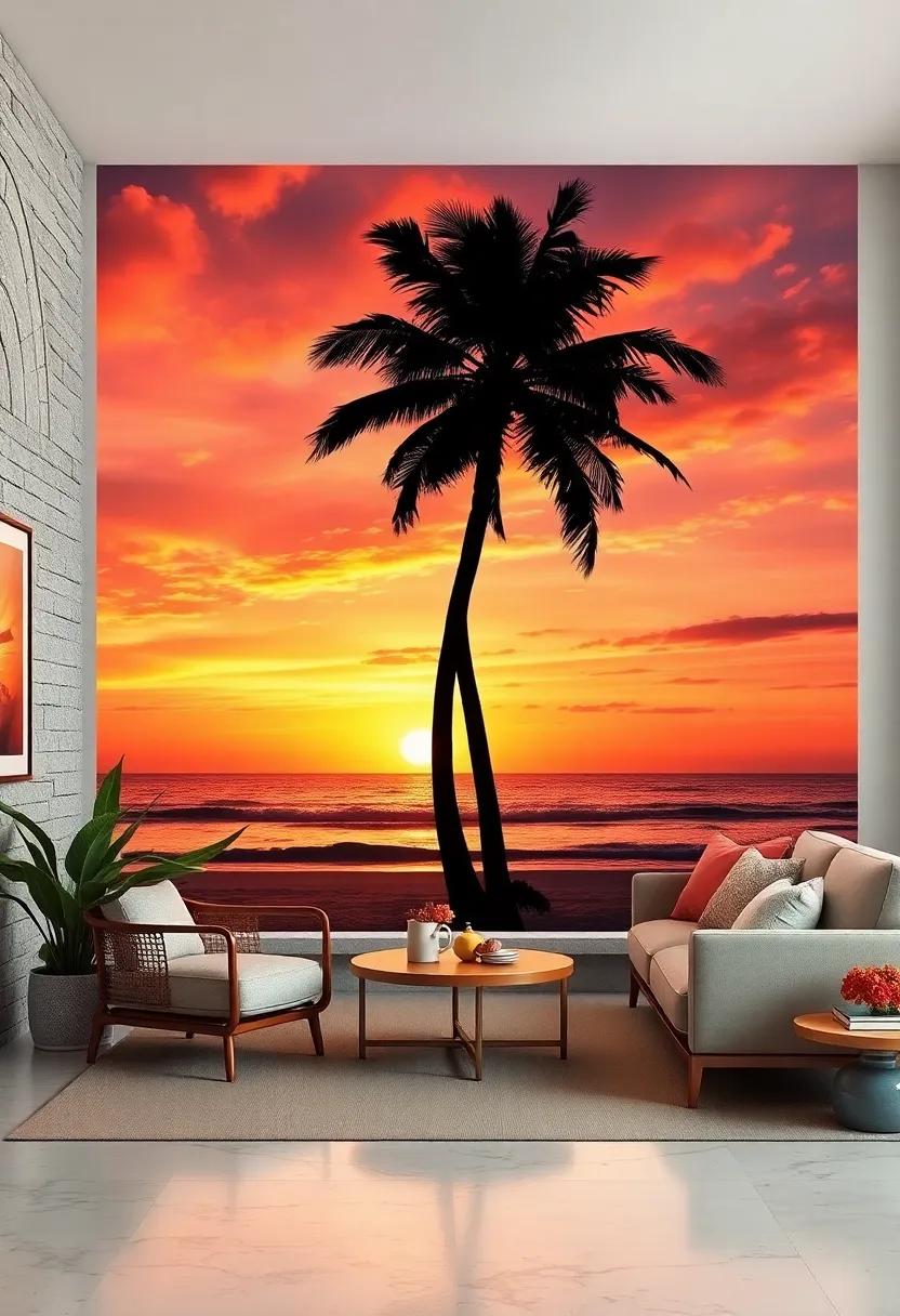 Coastal ‍Sunset Silhouette: The silhouette of palm ⁣trees against a⁣ vivid sunset,⁣ offering a perfect tropical⁢ vibe for your walls