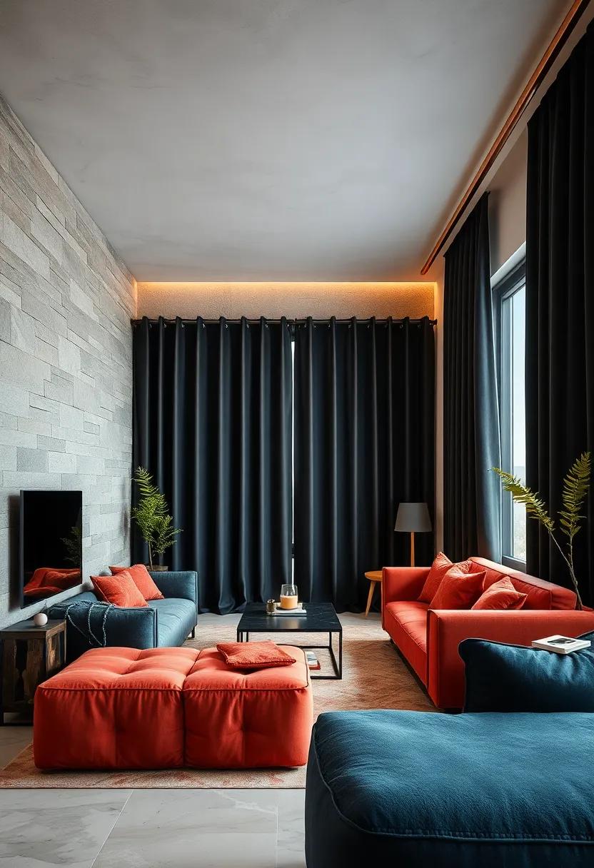 mix ⁤Textures with Black Curtains and a Copper Curtain Rod