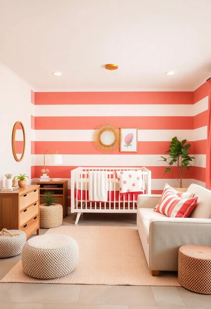 Coral and ⁢Cream⁤ Striped Walls: Paint the ‌nursery walls in‍ charming coral stripes ‍that add depth while maintaining a serene atmosphere