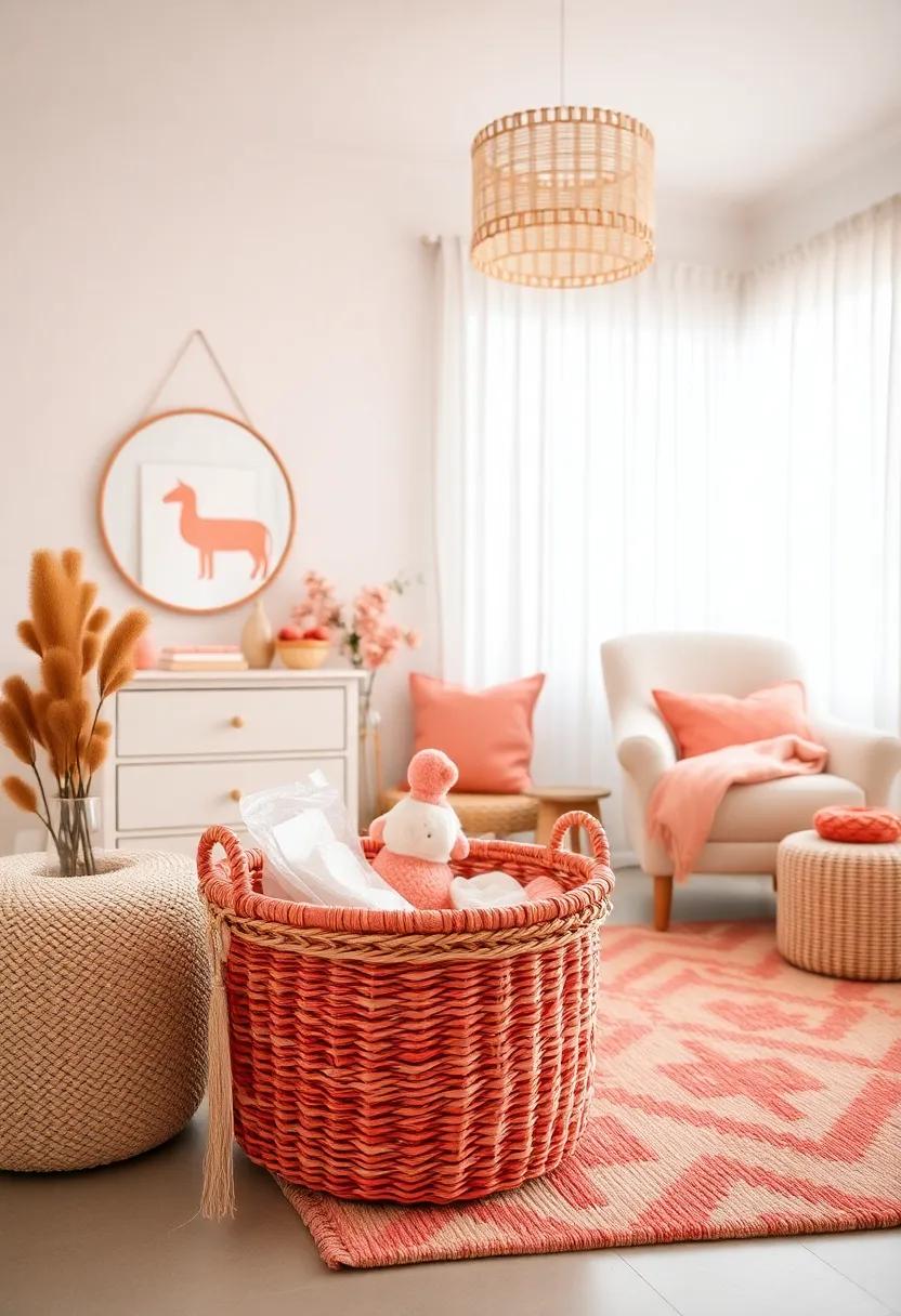 Coral Nursery ‍Essentials​ Basket:⁤ Use woven baskets in coral ‍to store diapers, wipes,⁤ and ‍toys ​for an ⁤organized and chic look
