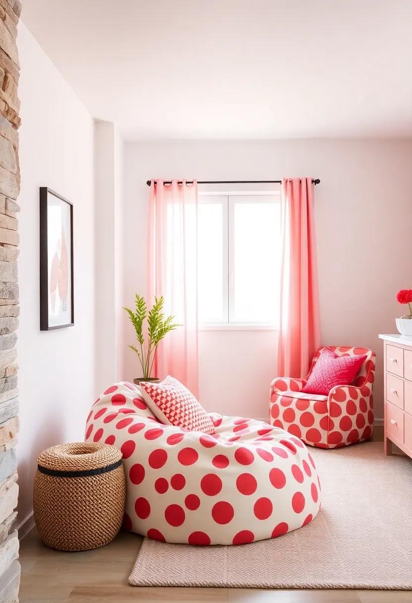 Coral Print Bean‌ Bag chair: Include a cozy bean bag chair‍ in a bright coral print for comfy lounging ⁣as⁣ your child grows
