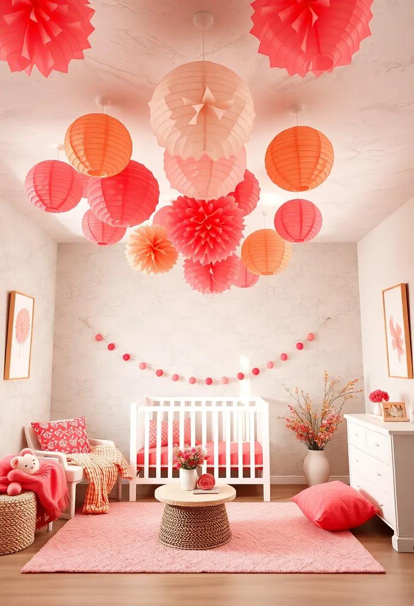 Coral-Themed Ceiling Decor: Hang coral-colored paper lanterns or ⁣pom-poms from‍ the ceiling for a dreamy effect that's eye-catching