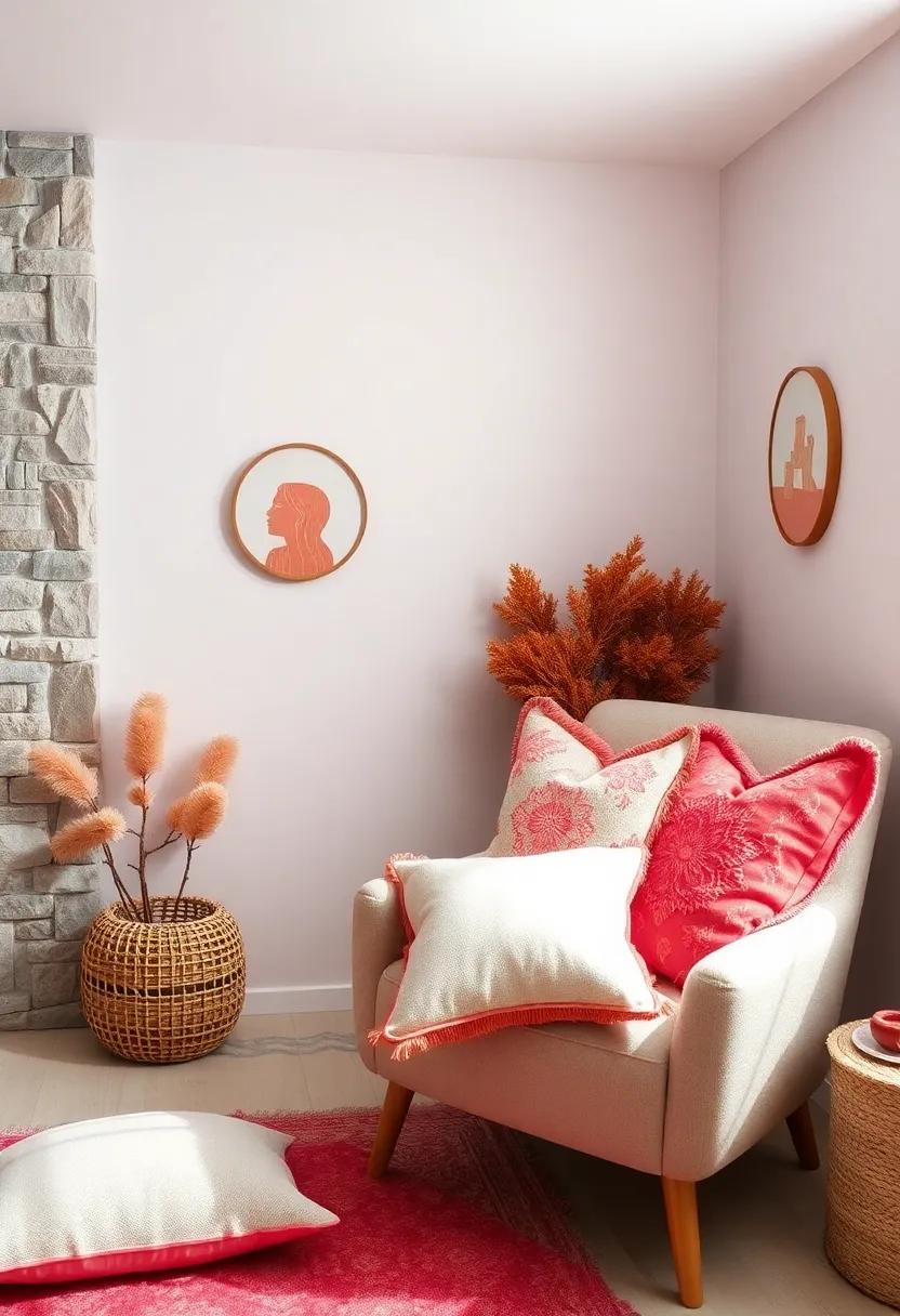 delightful Coral Decor⁣ Pillows: Scatter soft pillows in various shades of coral on ​a cozy‍ chair to ​create a⁣ welcoming ⁢reading nook