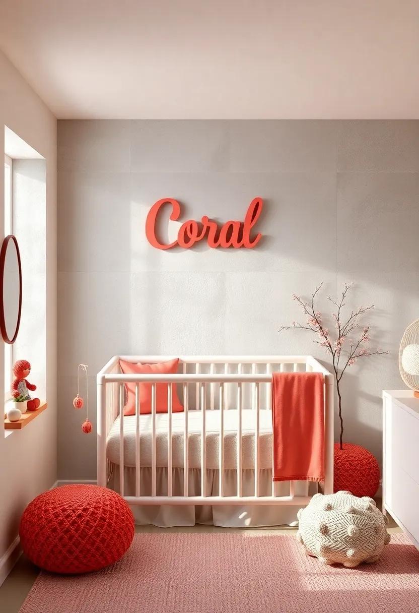 Personalized Coral Name⁤ Sign: Create a unique name⁢ sign in coral ⁣colors to⁣ hang above the​ crib, adding a personal touch to the space
