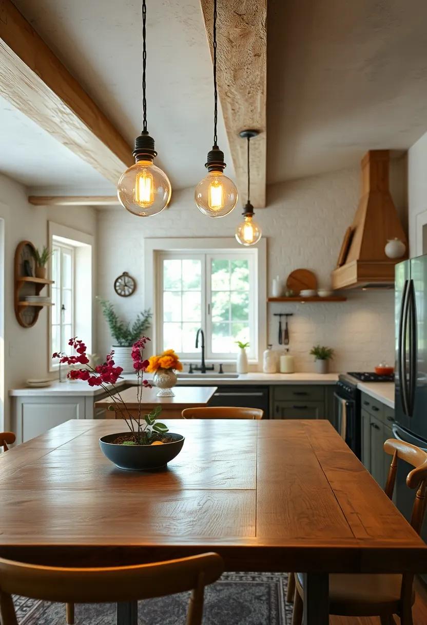 Soft, Warm Lighting: Use pendant lights or wrought iron chandeliers with edison bulbs to soften the ambiance and create a​ welcoming atmosphere
