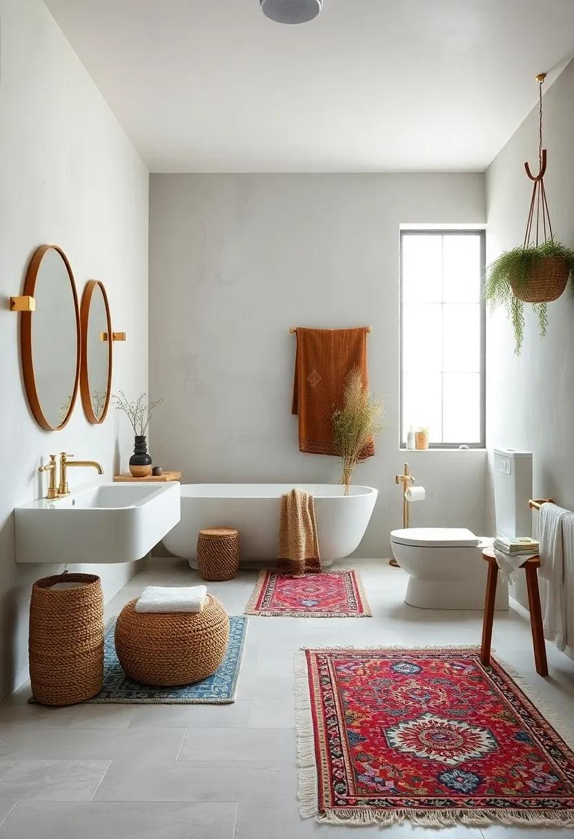 Bohemian Rugs: Layer soft, textured rugs that feature bold patterns to warm‍ up your bathroom floor and add a cozy vibe