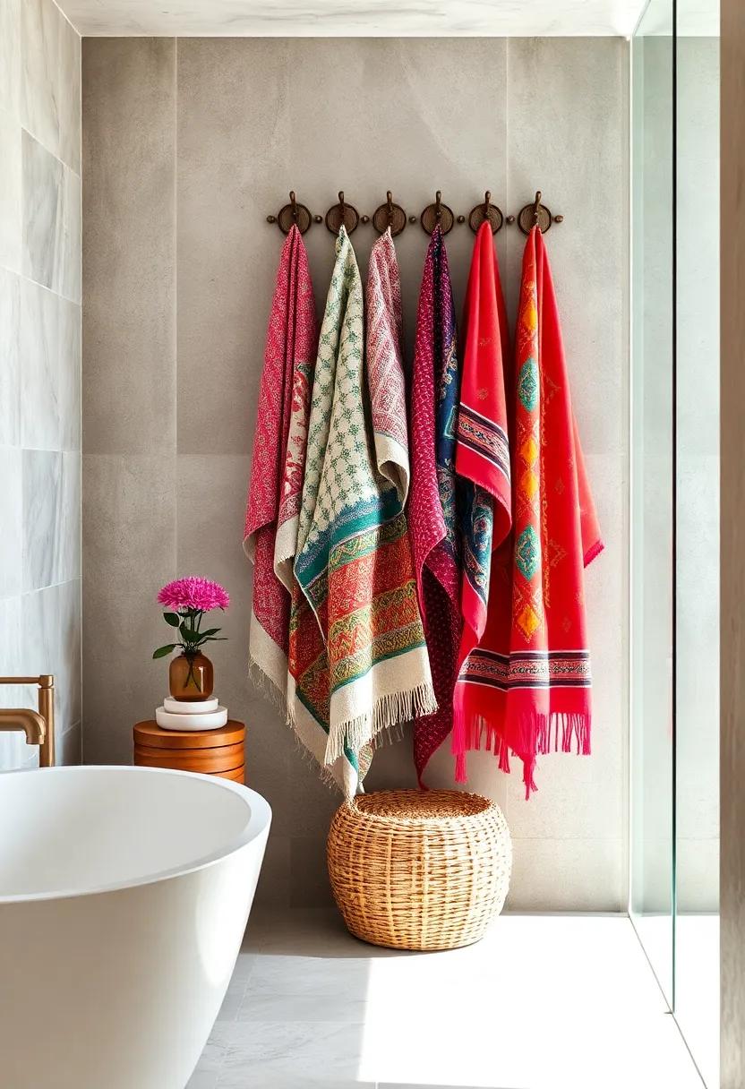 Vibrant Towel Display: Hang an array of colorful, patterned towels on decorative hooks ‌for an ‌easy way to incorporate⁣ vibrant boho colors