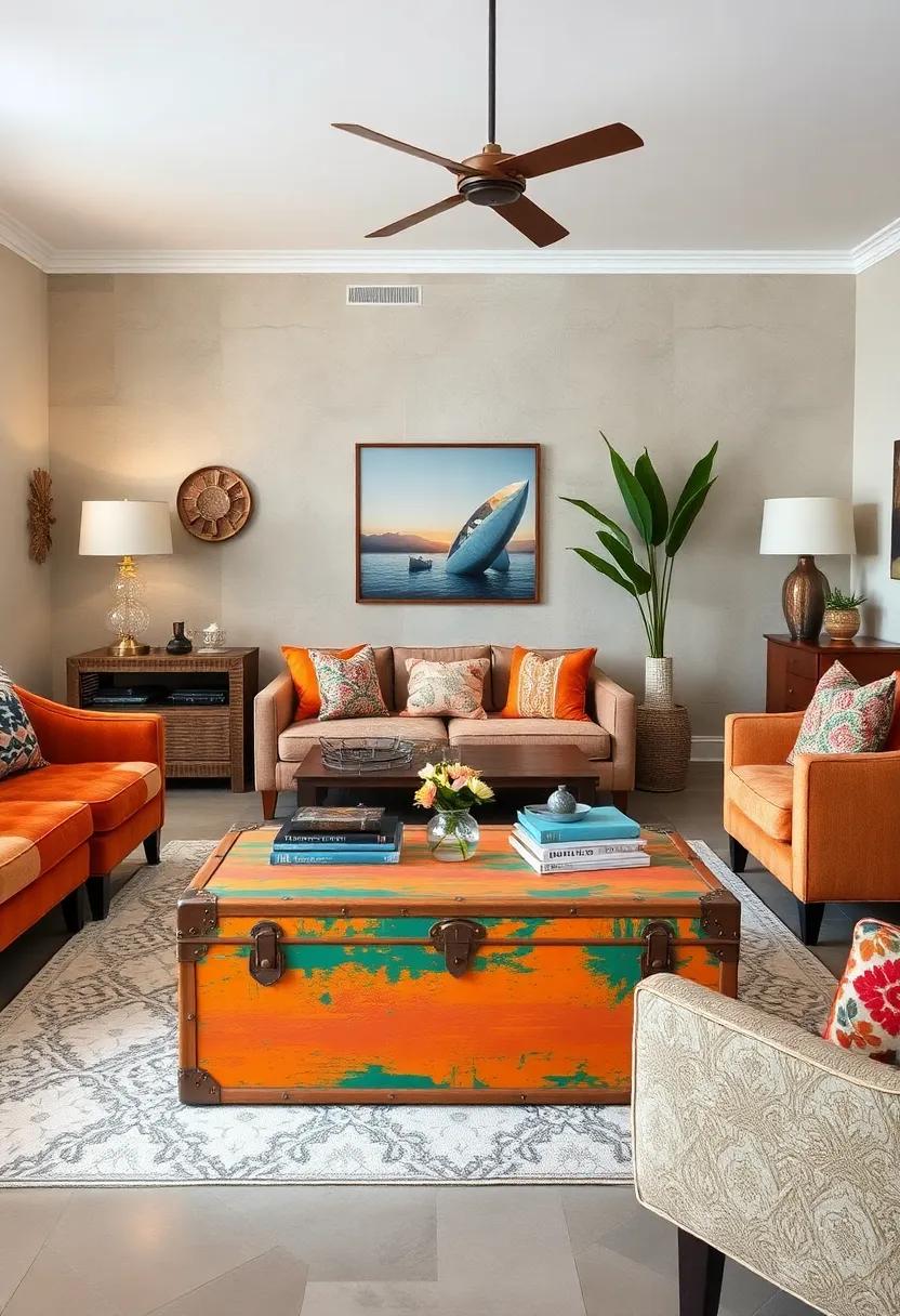 Vintage Trunk as a Coffee Table: add character ‍to your living room by using a colorful​ vintage​ trunk as a unique coffee table