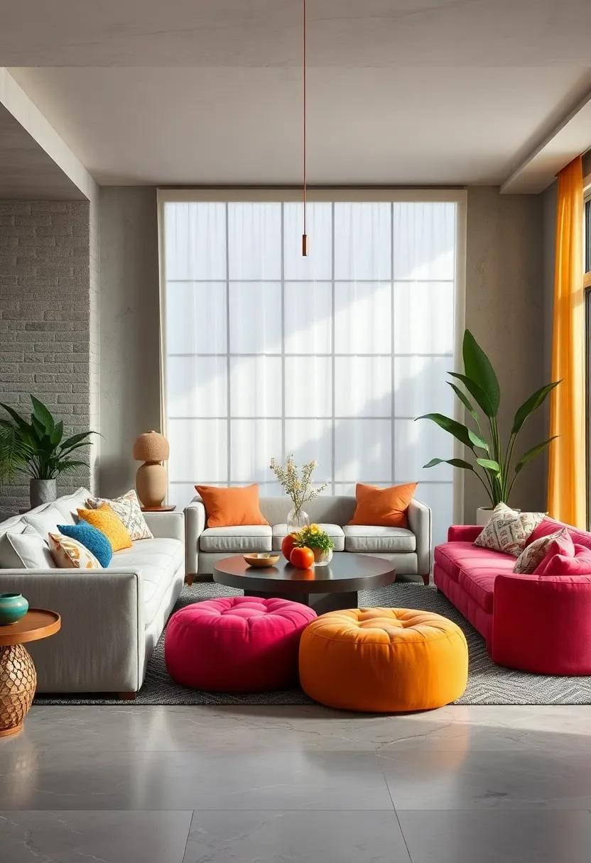 Plush Poufs: Incorporate various poufs in bright hues and patterns as versatile seating that’s both stylish ​and functional