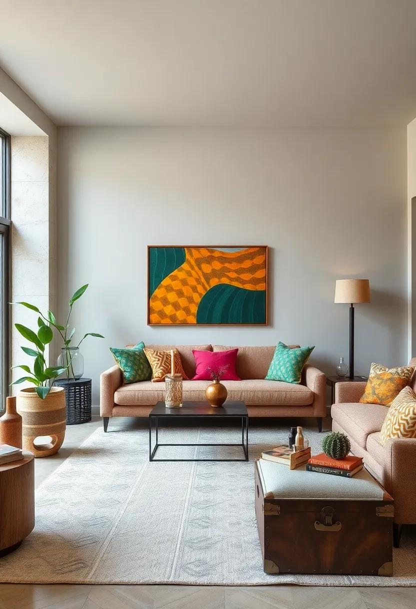 Unique Side Tables: Use mismatched side tables, from vintage trunks ​to modern geometric designs, for ​an eclectic layered effect