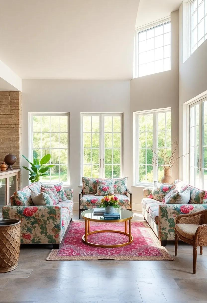 A Sun-Drenched ⁣Escape: This living⁣ room features floor-to-ceiling windows⁣ that flood the space with light, showcasing a stunning chintz sofa adorned with floral patterns, perfectly‍ paired with pastel-colored walls