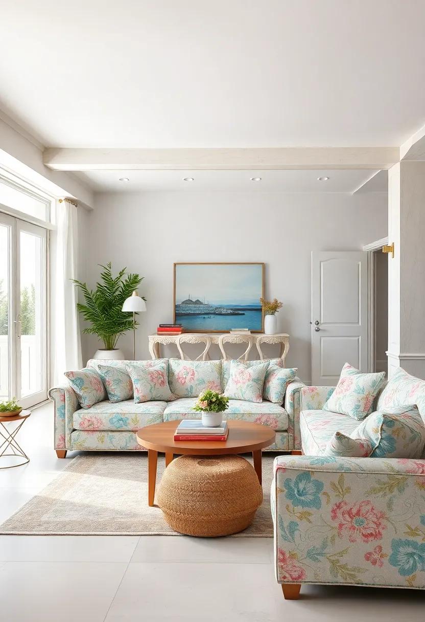 coastal Inspiration: A breezy palette of whites and blues combined with ​a floral chintz sofa⁢ creates ​a relaxed ambiance, designed to evoke the serene vibes ⁣of​ beachside⁤ living