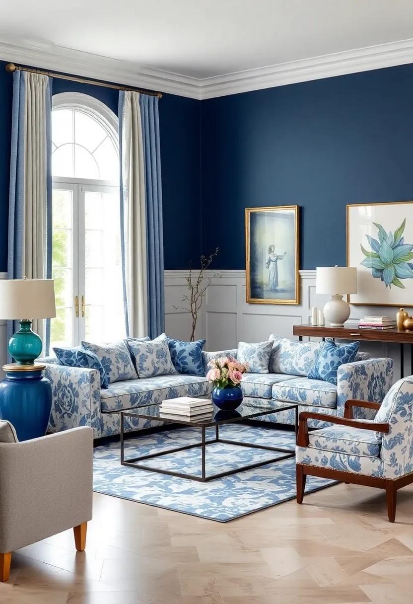 Classic Blue and White: ​A ‍timeless palette shines in this living room,where deep blue ⁣accents contrast beautifully with a delicately ⁢patterned⁣ chintz sofa,harmonizing traditional with ⁢contemporary