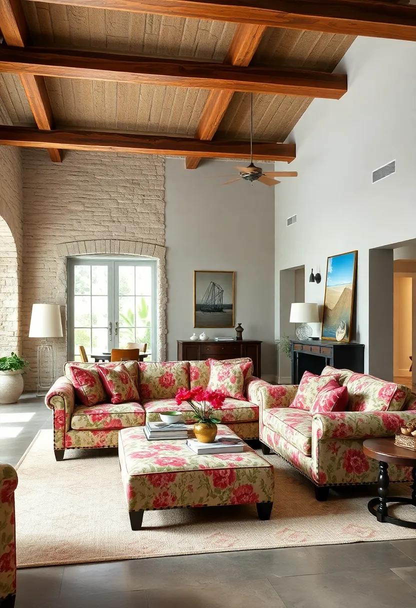 The Farmhouse Touch: Rustic beams highlight‍ the cozy appeal of this farmhouse-inspired living room, with a charming chintz sofa serving as a comfortable gathering spot
