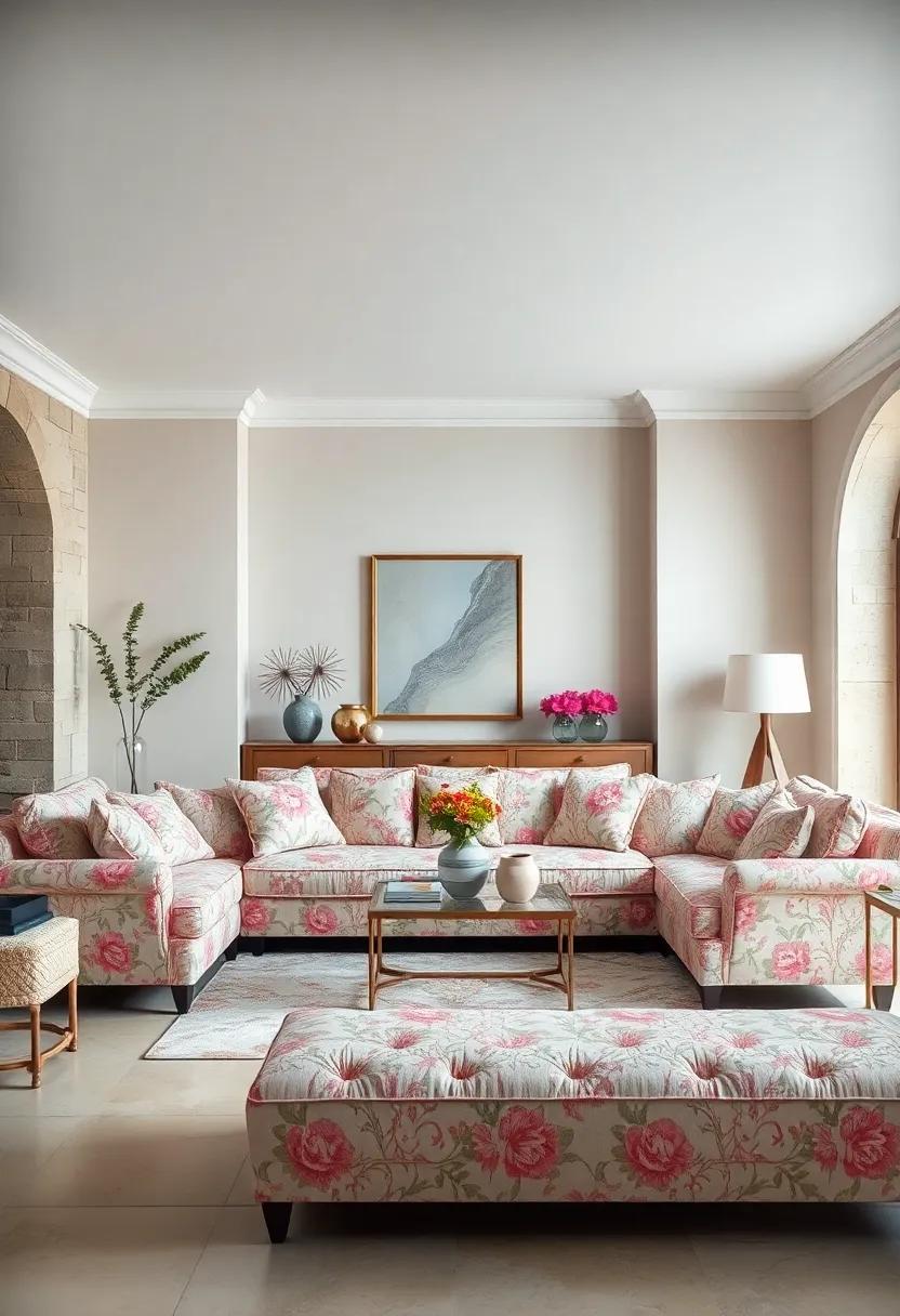 Refined Elegance: An understated yet sophisticated ⁣palette of creams and‌ soft pinks frames a statement​ chintz sofa, enhancing the room’s elegance while retaining a comfortable feel