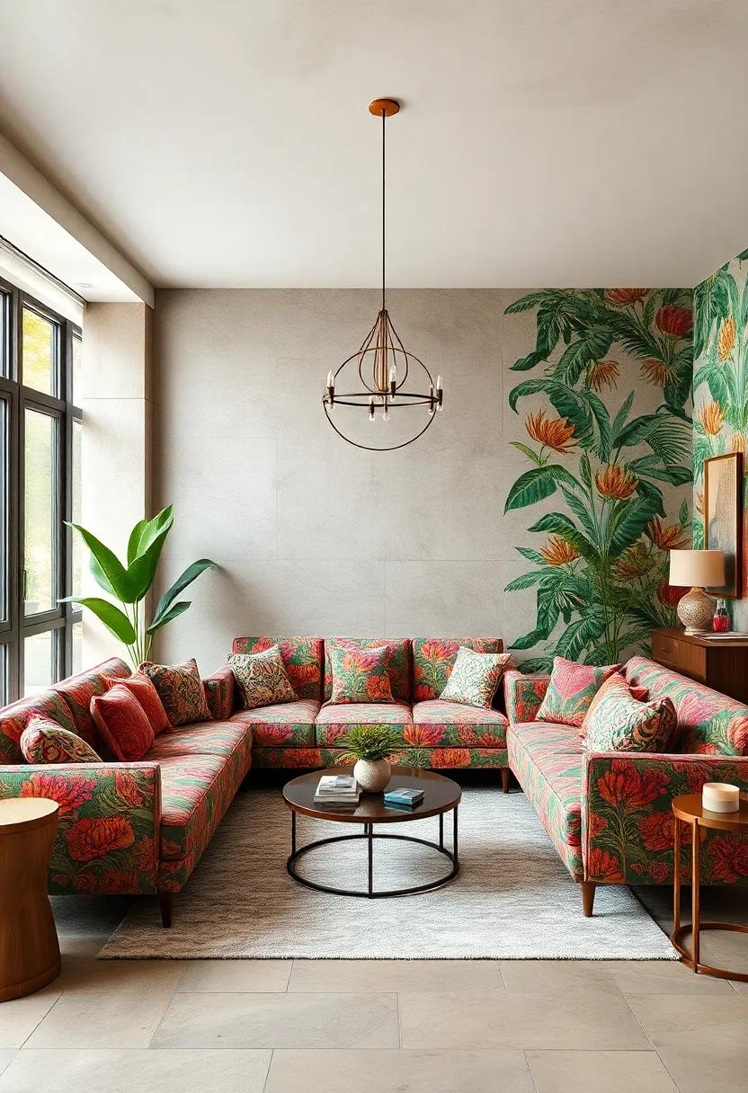 Bold⁣ Statements: In a fresh take on grandmillennial style, this room showcases a bright, bold chintz sofa paired with jungle-themed wallpaper, creating ⁤a vibrant conversation starter
