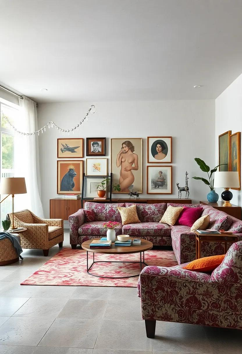 Eclectic Wonders: This room successfully merges various styles, showcasing a quirky collection‌ of art pieces and a flamboyant chintz sofa that inspires creative energy