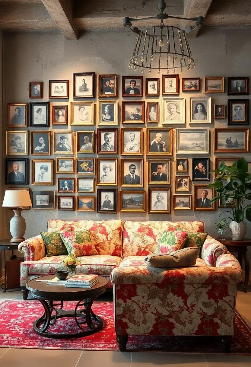 Whimsical Gallery Wall: Decorated with an array of vintage frames, this room‌ takes center stage with its ‌chintz sofa​ and​ a collection of cherished mementos, inviting storytelling and interaction
