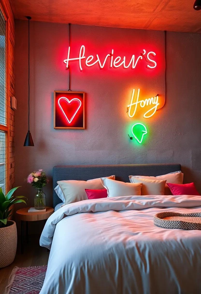 Neon Signs: Brighten up your bedroom with quirky neon signs ⁢that add a ‌playful vibe and ⁤a modern⁤ touch to your industrial decor