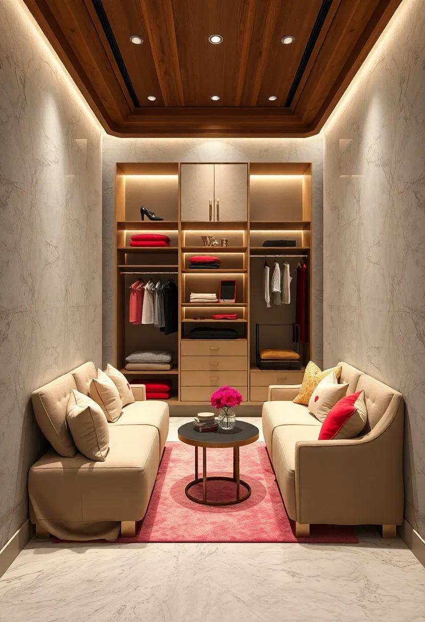 slipcovered Seating Areas: Cozy‌ spots adorned​ with plush cushions and​ elegant fabrics, perfect for a⁢ quick wardrobe change​ or shoe ‌selection
