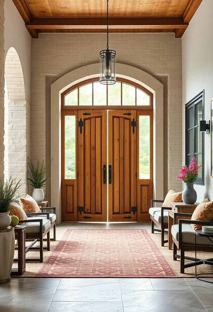 Embrace‌ the ‍Charm: A‍ stunning wooden door with ⁣oversized hinges sets the ‍stage for ​a striking luxury farmhouse entryway that exudes warmth‍ and welcome
