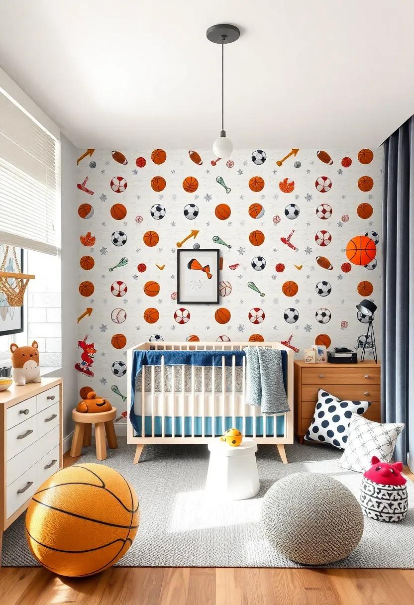 Sports Fanatic: Celebrate​ your child's future athletic passion with wallpaper featuring sports⁣ icons and themed decor for​ basketball, soccer, or ⁢baseball