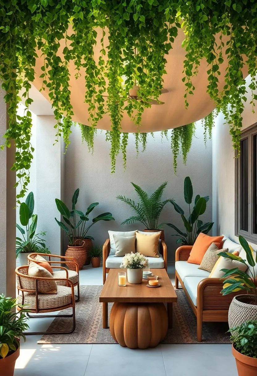 Cozy corner: Arrange a‌ hanging canopy ​of lush greenery ⁢overhead with draping vines, providing a ⁣shaded retreat ideal for reading or​ enjoying a cup of tea