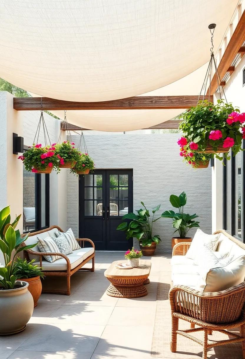 Rustic Retreat: Incorporate wooden beams to support hanging planters filled with vibrant geraniums, evoking a ⁤cozy, countryside vibe perfect for⁢ morning coffees