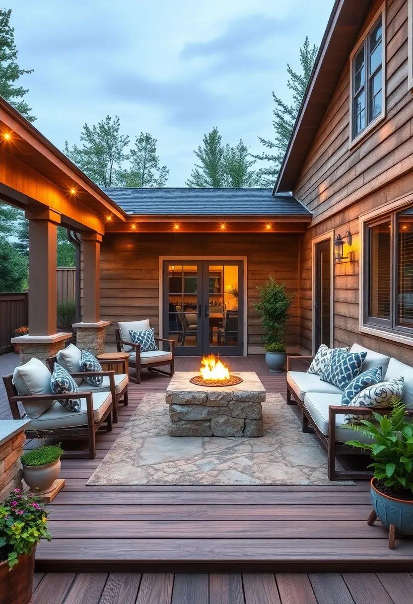 rustic Wooden Retreat: Weathered wood decking paired‍ with ‍cozy seating ⁢and a fire pit creates a warm, inviting atmosphere perfect ‌for ‌gatherings
