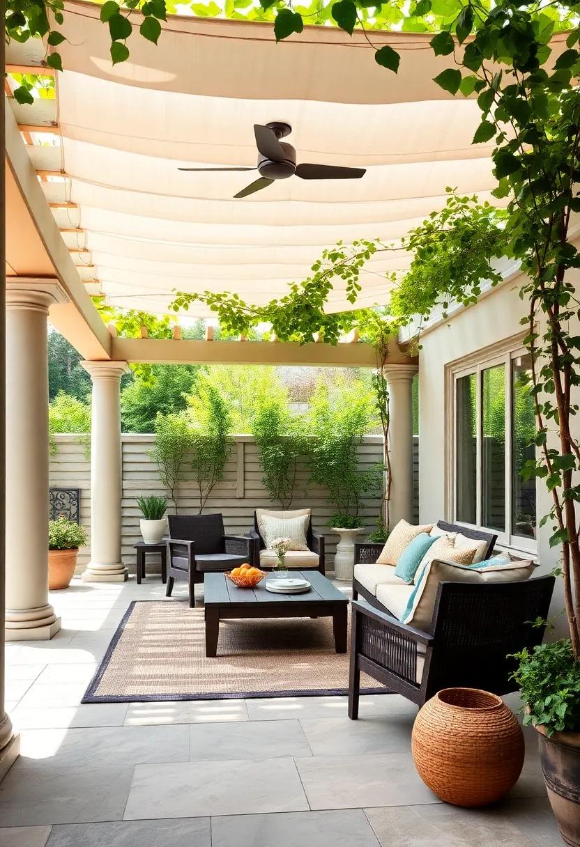Stylish Pergola Shade: A beautifully ⁢designed pergola adorned with climbing vines ‌provides both shelter and style, creating an‌ intimate⁤ setting