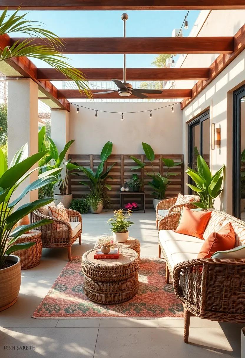 Tropical Paradise: Lush greenery, bold patterns, ​and wicker furniture create a ⁤festive, playful outdoors that feels like a vacation at home
