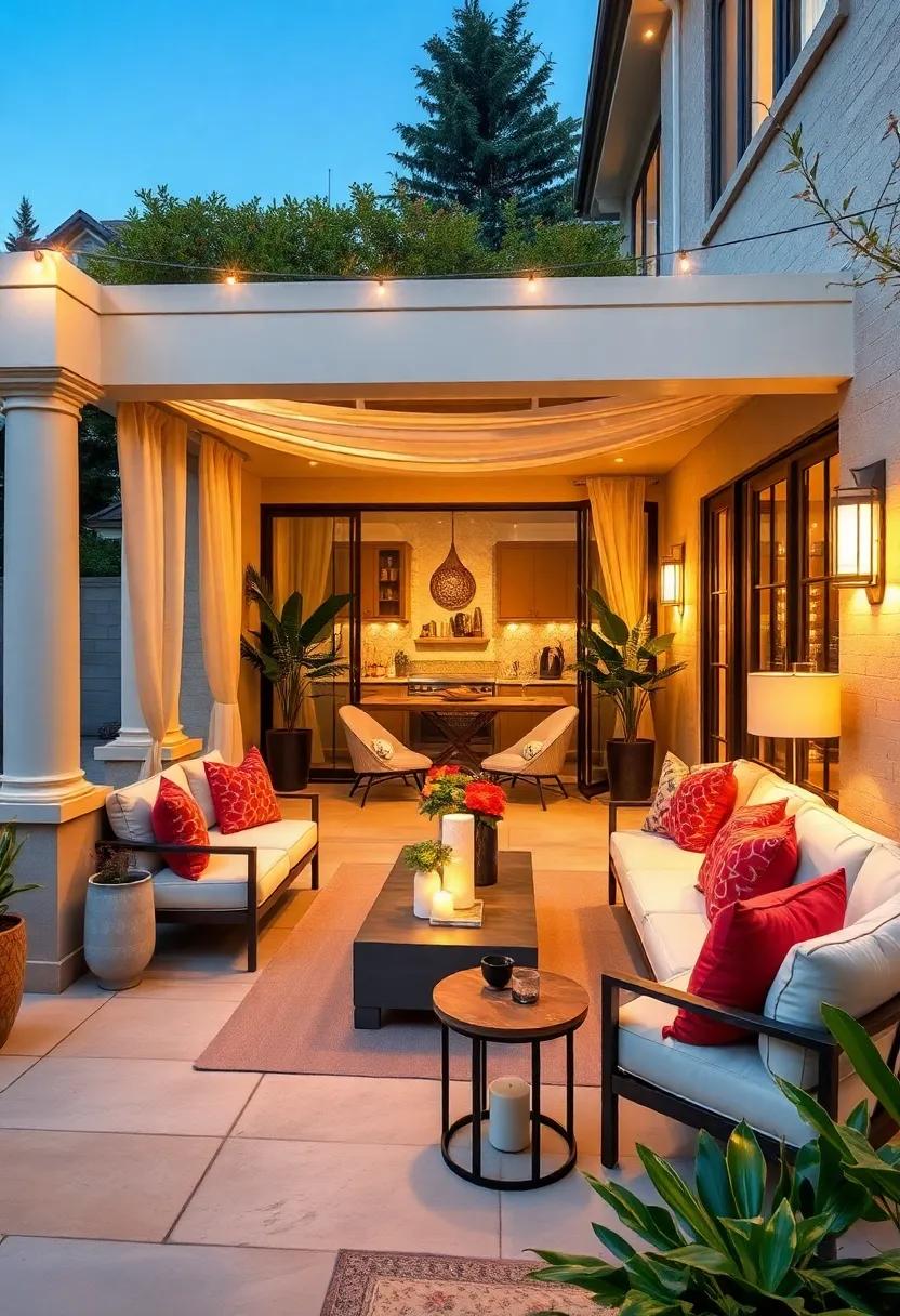 Upscale Lounge: Luxurious fabrics, refined lighting, and champagne-colored accents elevate the patio to a‌ posh ⁢retreat ‍for evening soirees