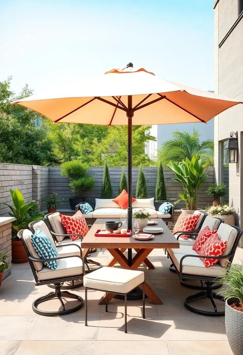 Umbrella-Sheltered ‌Dining: Set up ​a stylish dining table with a large,colorful umbrella⁢ to provide ‌shade while⁢ enjoying​ meals al fresco during sunny days