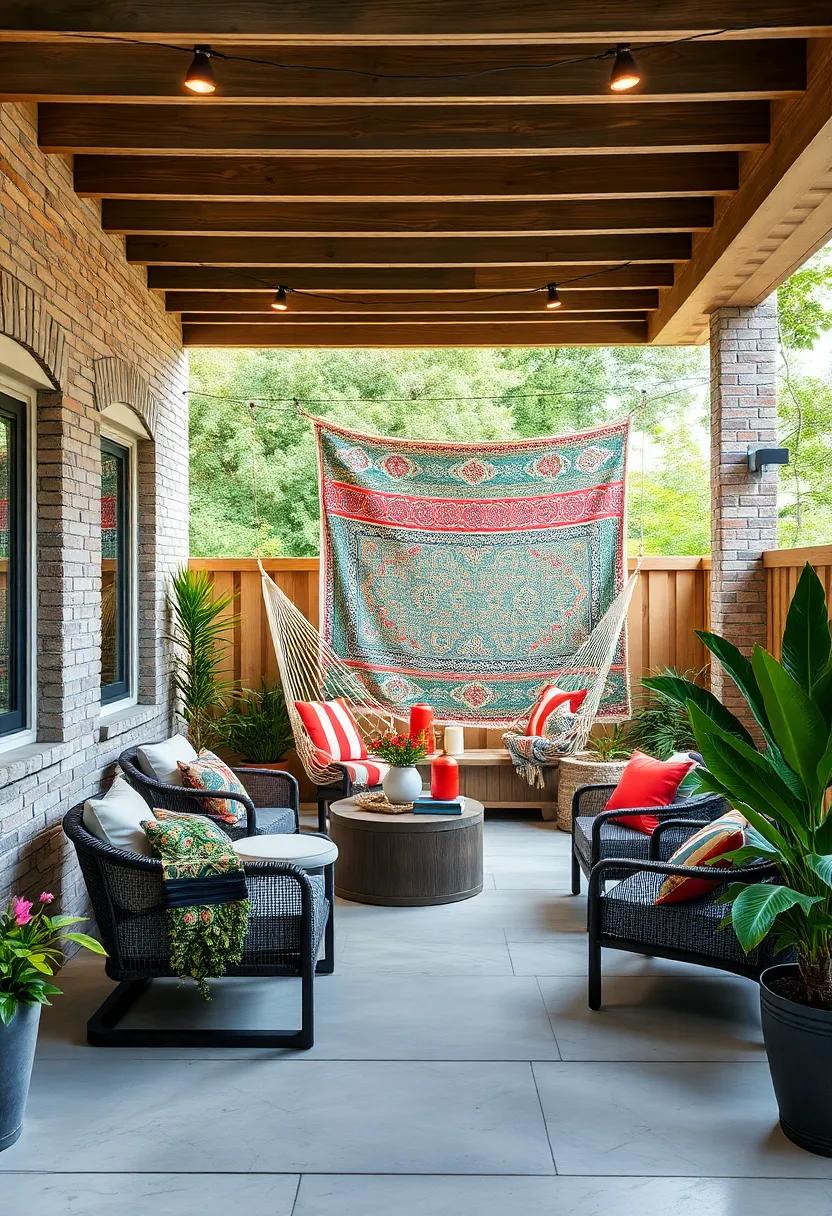 Hang a Tapestry: Drape a colorful outdoor tapestry on a wall or fence as a backdrop for your patio seating