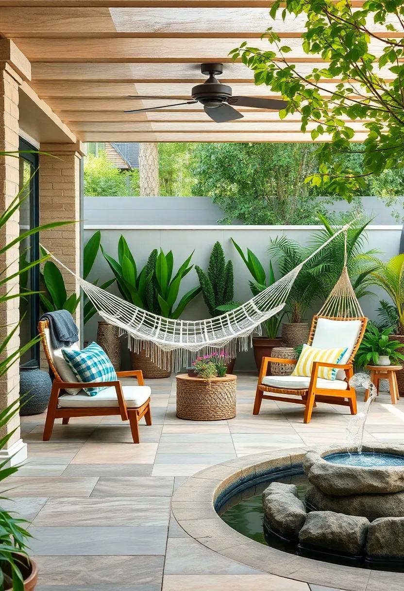 incorporate a Water Feature: Add a small fountain or pond nearby to create a relaxing​ soundscape for your ‌hammock and lounge chairs