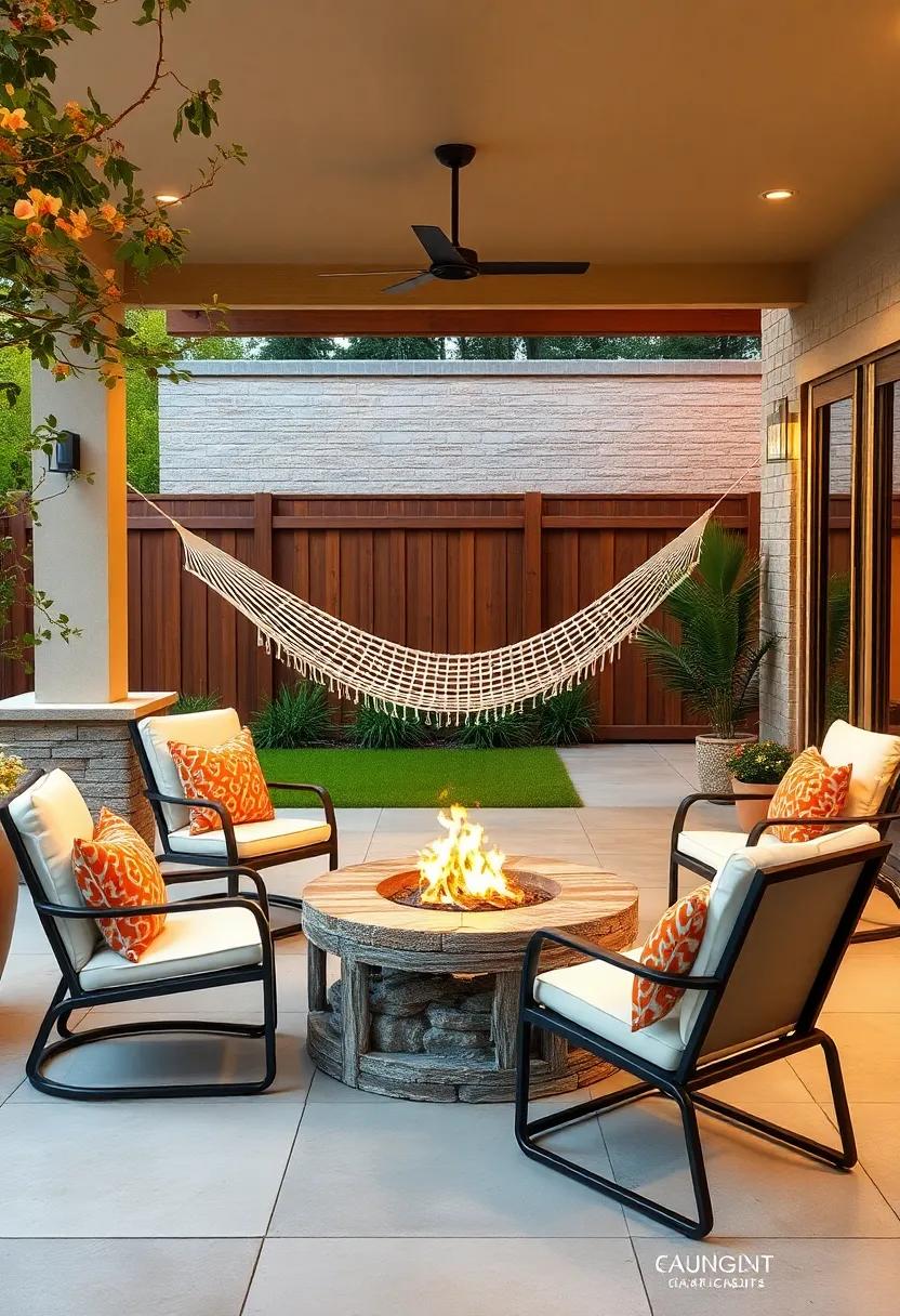 Install a​ Fire Pit:⁢ Position a fire ​pit⁤ near your hammock and lounge chairs for warmth‍ and ambiance on​ cooler nights