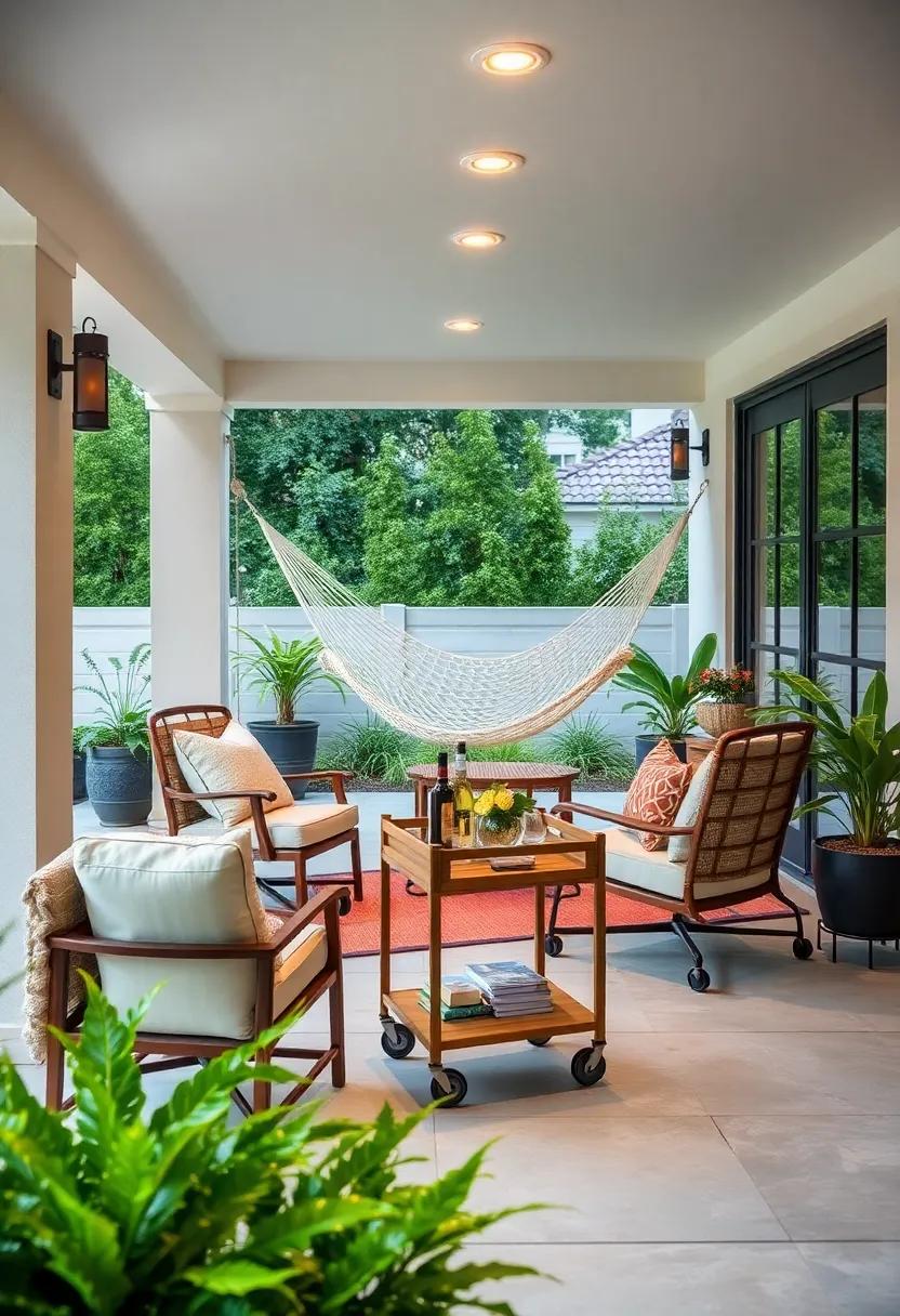 Set Up an Outdoor Bar Cart: Incorporate a stylish bar cart for drinks and snacks,making your patio more inviting for entertaining
