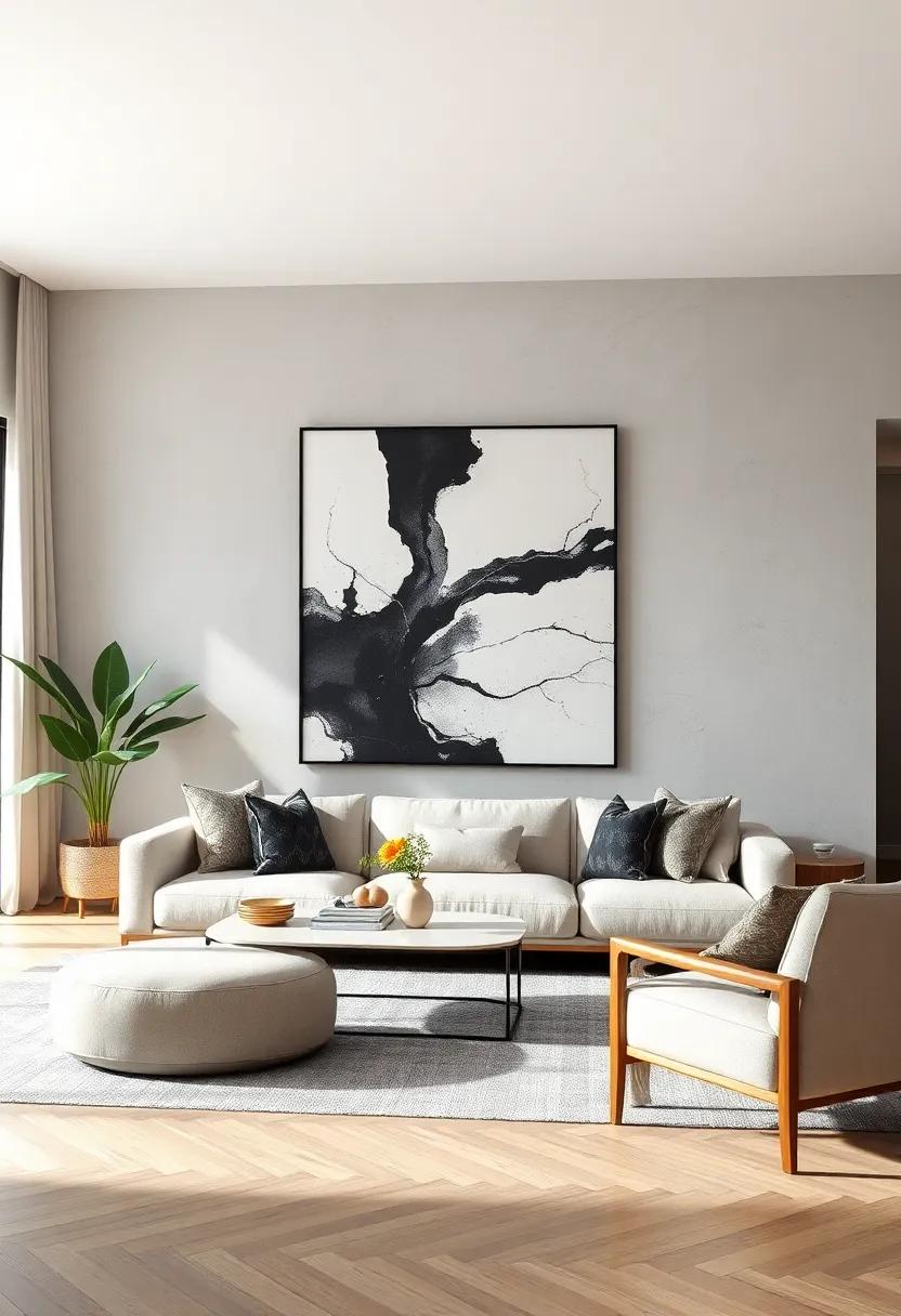 Embrace Minimalism: Start with a​ large-scale black and white abstract print that draws the eye and sets a sophisticated⁣ tone for the room