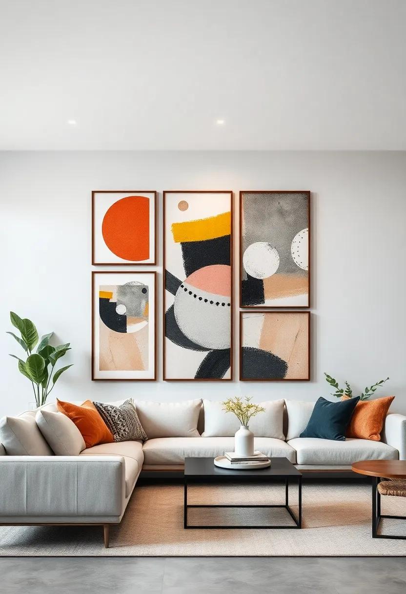 Framed Sections: Arrange multiple frames of different sizes with abstract sections of a larger image for a‍ cohesive⁤ yet fragmented look
