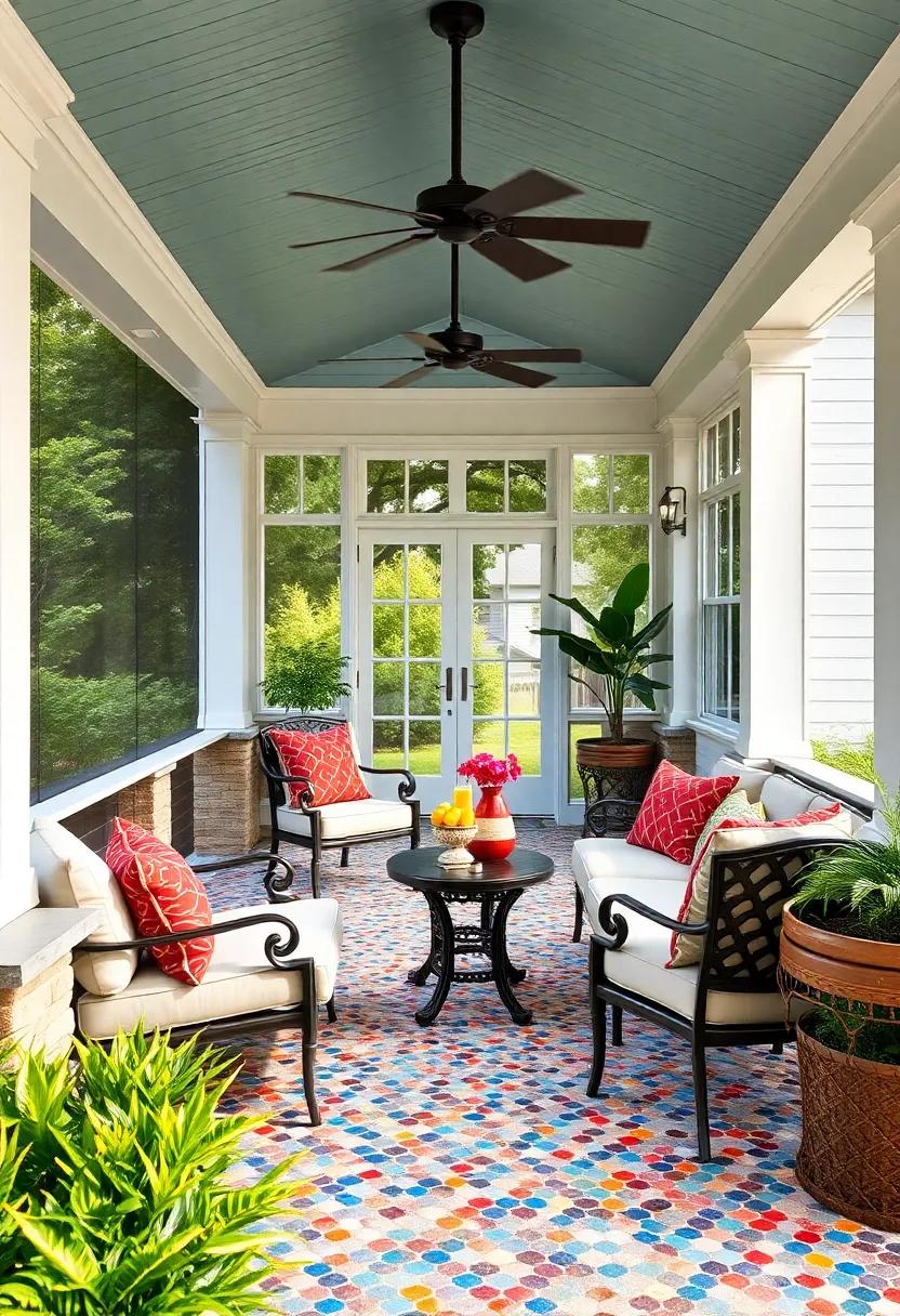 Mosaic Tiles for a Vibrant Touch: Use colorful mosaic tiles for your porch floor or tabletops, ‌introducing artful ‍flair and enhancing visual appeal
