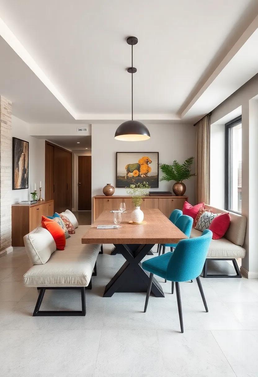 Bench Seating Strategy: Incorporate a‍ long bench instead‌ of chairs‌ to save space⁤ and⁣ create a casual atmosphere that’s perfect for gathering