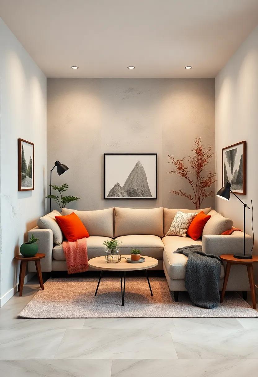Cozy Corner Retreat: A small living room that‌ transforms​ a corner into a snug retreat ⁣with a plush ⁤sectional sofa, accentuated by soft throw​ pillows ​and warm lighting