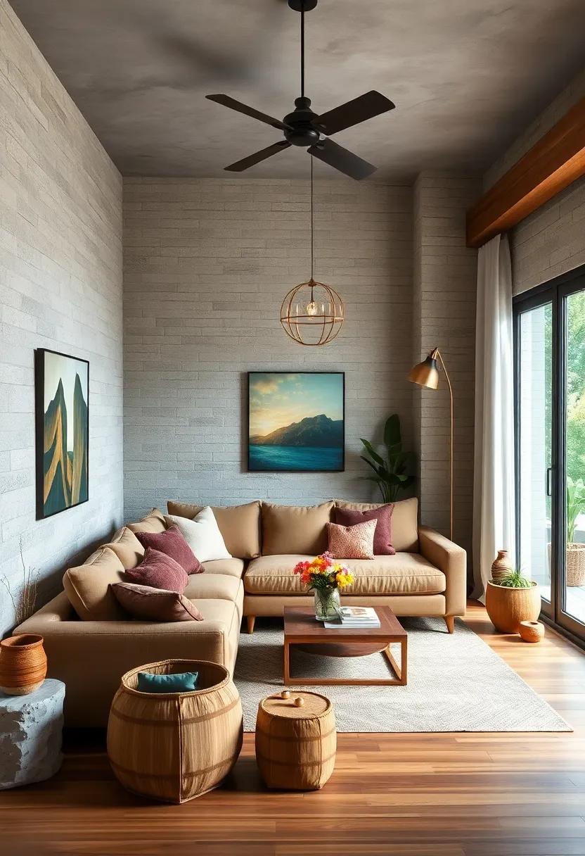Rustic Charm: Bringing ⁣the outdoors in, this living room‌ features a sectional sofa upholstered in earthy​ tones, surrounded by ⁢wooden accents ⁢and nature-inspired decor