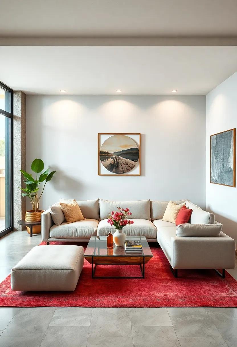 Minimalist Marvel: Emphasizing simplicity, this design uses a sleek, low-profile​ sectional couch paired ​with a transparent coffee table,‌ creating an ⁣illusion ⁤of space
