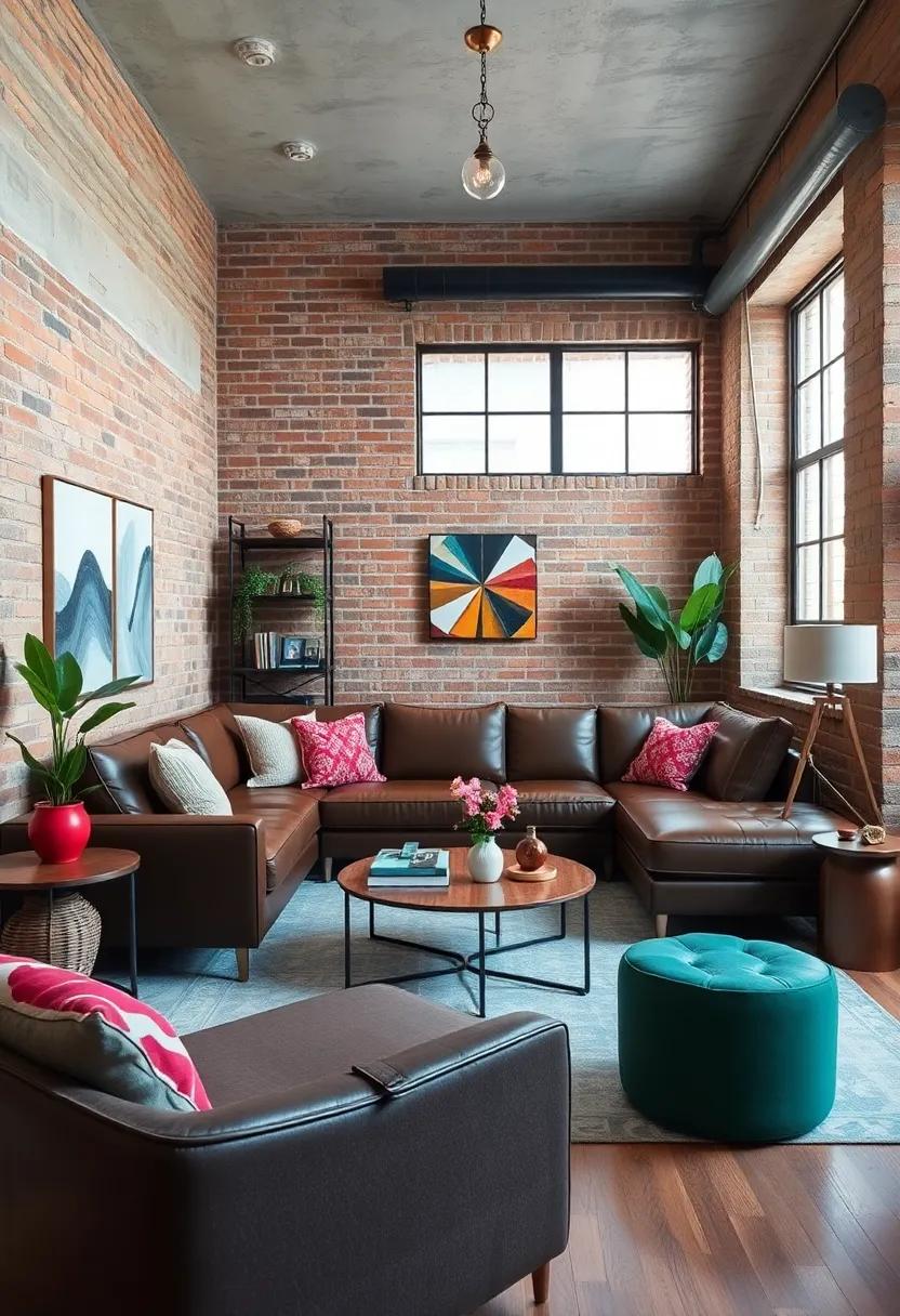 Industrial⁢ Edge: Featuring a sectional with a leather finish, this living room design embraces an urban industrial aesthetic with ⁤exposed brick and metal accents