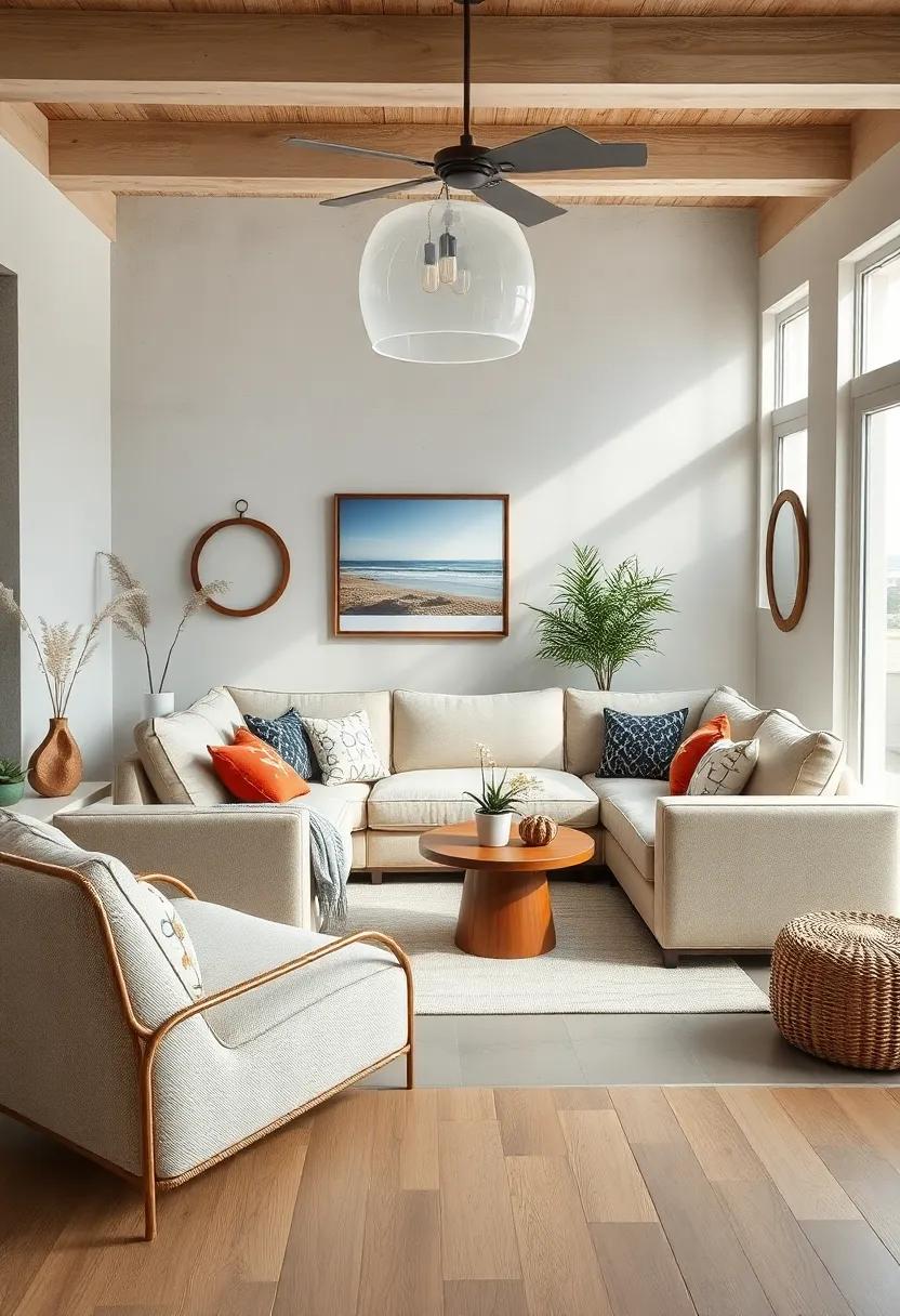 Coastal Cool: A light and breezy​ approach with a sectional in ​light‍ fabrics, complemented⁢ by nautical decor, evoking a relaxed​ beach house vibe