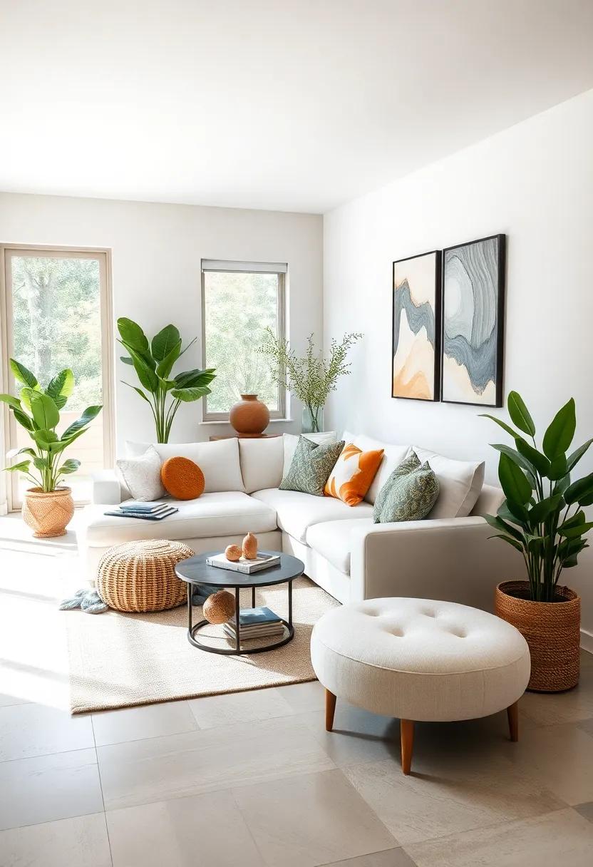 Bright and Breezy: A fresh layout with a sectional in ⁤bright white upholstery,​ complemented by natural light streaming⁣ through large windows for an airy feel